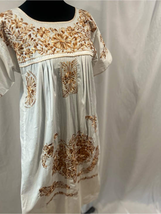 Vintage Dresses & Skirts - VINTAGE Huipil Mexican Dress with White Floral Embroidered with gold and brown